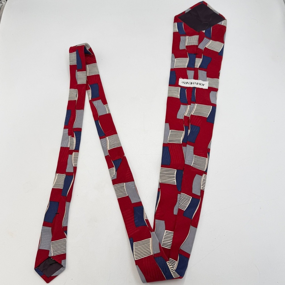 John Henry Mens Silk Tie Red Blue Grey Geometric Abstract Vintage Made in‎ USA - Picture 4 of 13